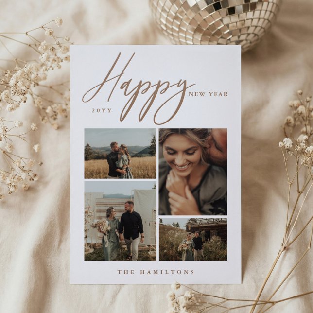 Happy New Year Script Newlyweds Photo Collage Letterpress Photo Cards (Happy New Year Script Newlyweds Photo Collage Letterpress Photo Cards)