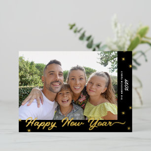 Happy New Year Script Photo Gold Foil Holiday Card