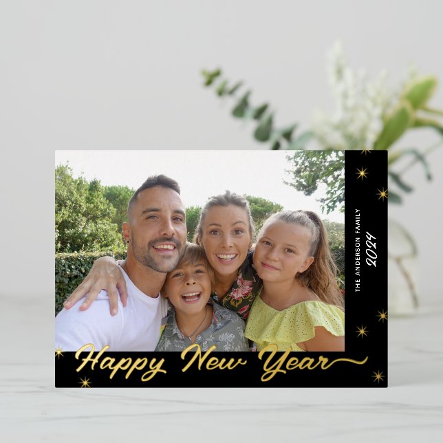 Happy New Year Script Photo Gold Foil Holiday Card (Standing Front)