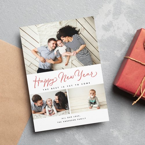 Happy New Year Script Red 3 Collage Multi_Photo Holiday Card