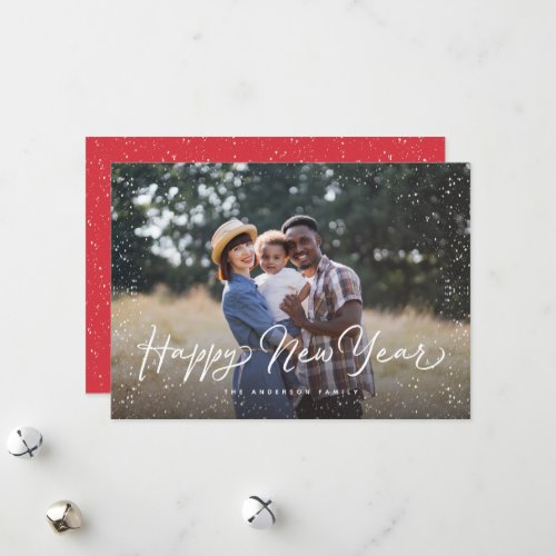Happy New Year Script Snow Photo Holiday Card
