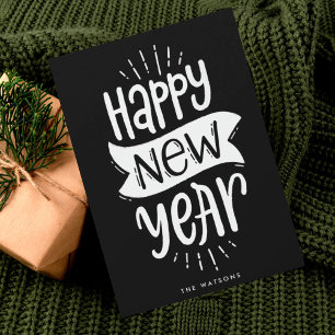 happy new year script text white lettering holiday card
