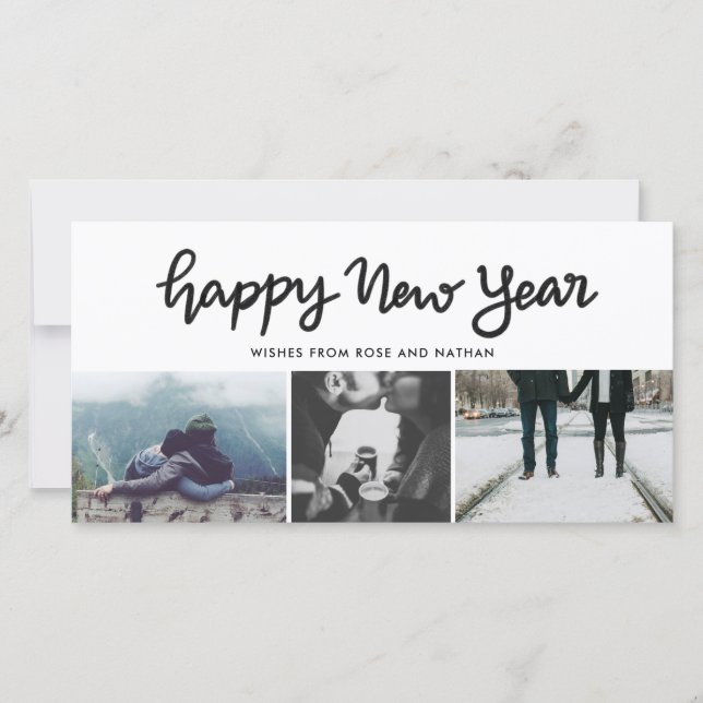 Happy New Year Script Three Photo Collage Modern Holiday Card (Front)