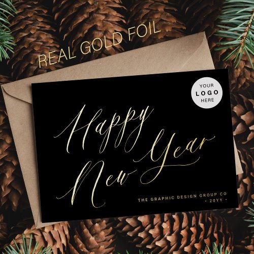 Happy New Year script your LOGO 2024 black gold Foil Holiday Card