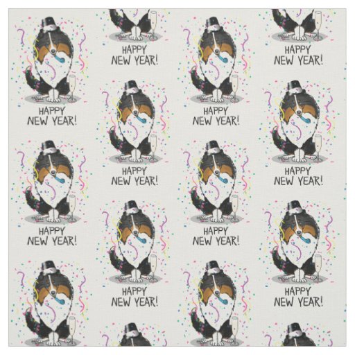 Happy New Year Shetland Sheepdog (tri color) Cute Fabric