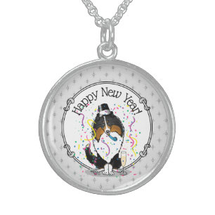 Happy New Year Shetland Sheepdog (tri color) Cute Sterling Silver Necklace