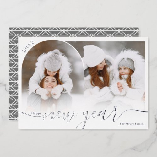 Happy New Year silver 2 photo arch overlay collage Foil Holiday Card