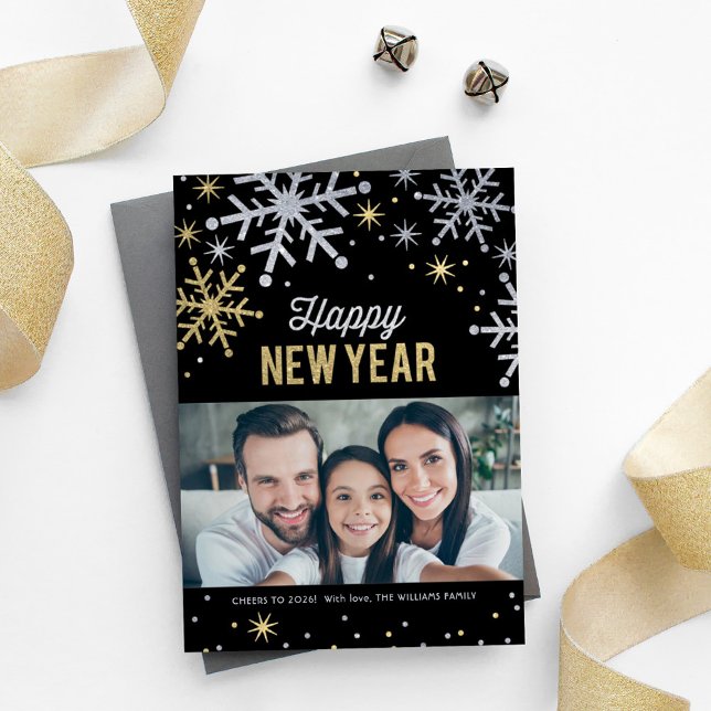Happy New Year Silver and Gold Sparkle Photo Holiday Card (Creator Uploaded)