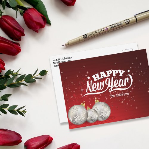 Happy New Year  Silver Baubles  Red Postcard
