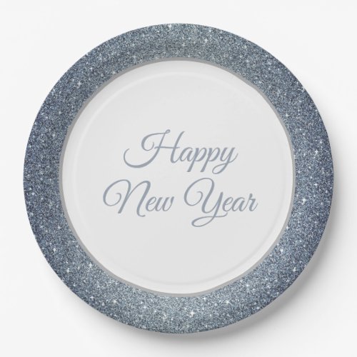 Happy New Year Silver Blue Glitter 9 Paper Plates