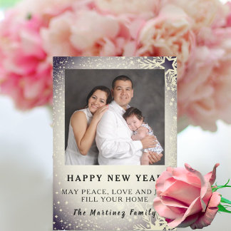 Happy New Year Silver Color Snow Scene Family Card