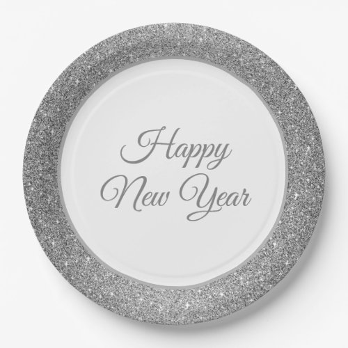 Happy New Year Silver Glitter 9 Paper Plates