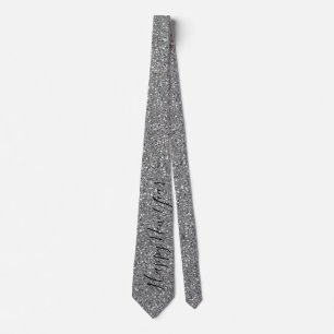 Happy New Year Silver Glitter Black Script Mens Neck Tie