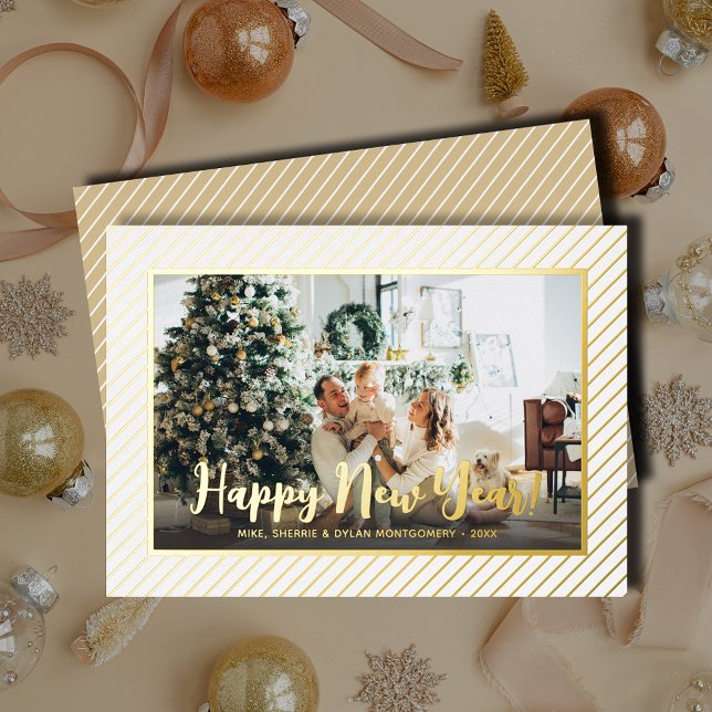  Happy New Year Silver Pinstripe Foil Holiday Card (Happy New Year REAL gold foil diagonal pinstripes holiday greeting cards)