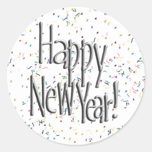 Happy New Year Silver Text Classic Round Sticker