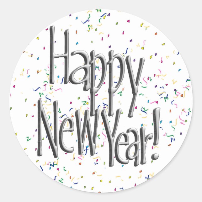Happy New Year Silver Text Classic Round Sticker (Front)