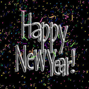 Happy New Year - Silver Text w/Black Confetti Classic Round Sticker