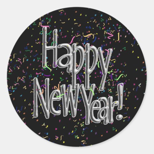 Happy New Year _ Silver Text wBlack Confetti Classic Round Sticker