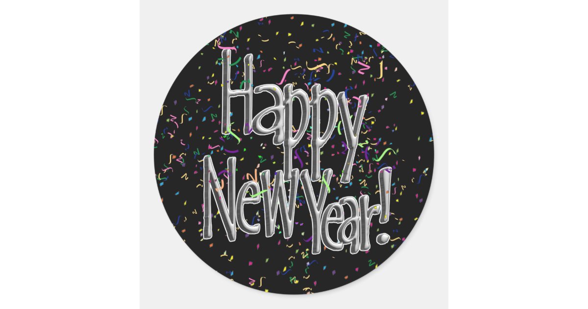 Happy New Year - Silver Text w/Black Confetti Classic Round Sticker