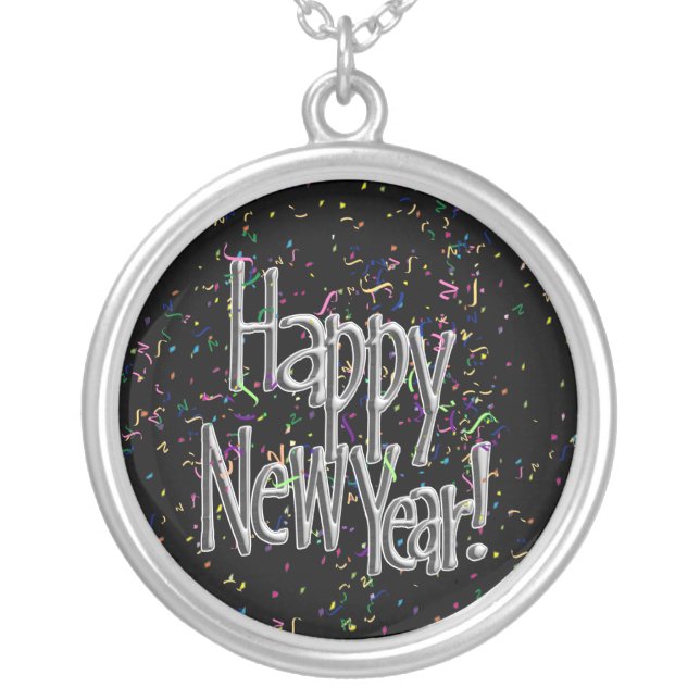 Happy New Year - Silver Text w/Black Confetti Plated Necklace (Front)