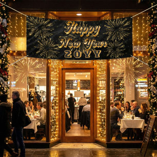 Happy New Year Simple Black And Gold Party Banner