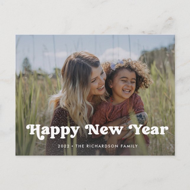 Happy New Year | Simple Boho Photo Overlay Holiday Postcard (Front)