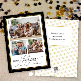Happy New Year Simple Elegant Script 3 Photos Holiday Card