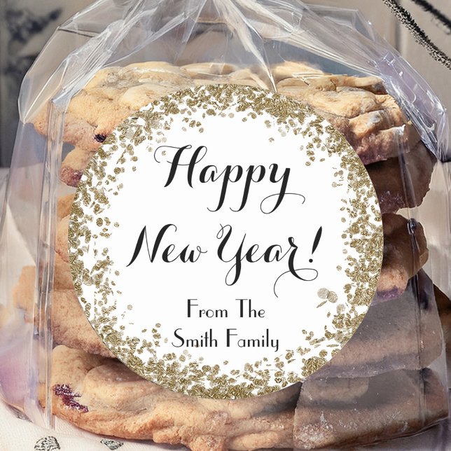 Happy New Year Simple Gold and White Classic Round Sticker (Creator Uploaded)