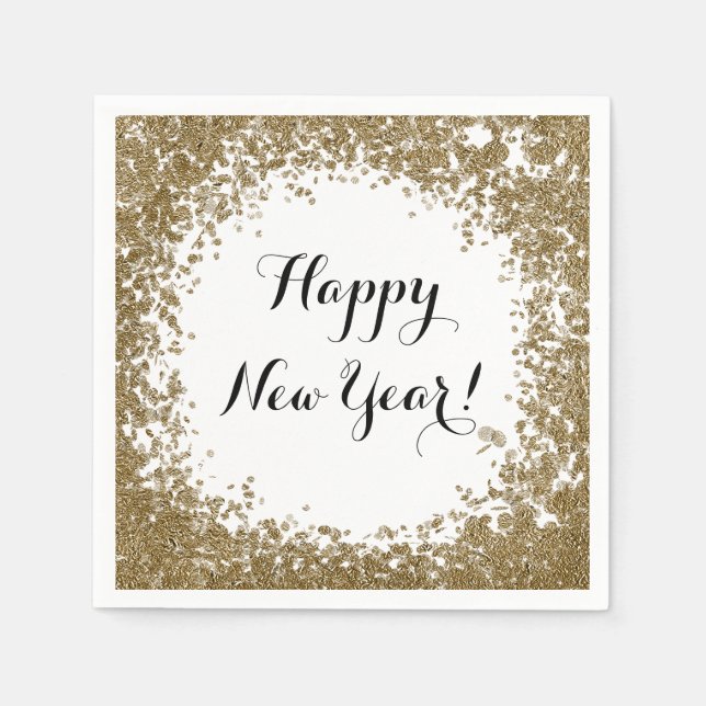 Happy New Year Simple Gold and White Confetti Napkins (Front)