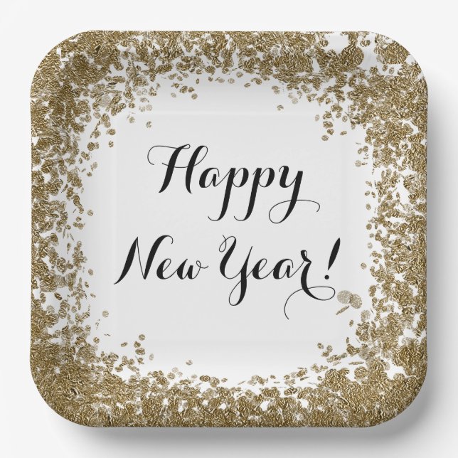 Happy New Year Simple Gold and White Confetti Paper Plates (Front)