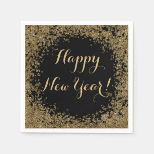 Happy New Year Simple Gold Confetti and Black Napkins