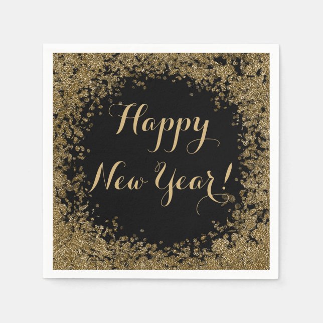 Happy New Year Simple Gold Confetti and Black  Napkins (Front)