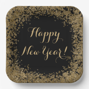 Happy New Year Simple Gold Confetti and Black  Paper Plates