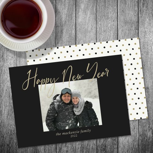 Happy New Year Simple Photo Black Sage Holiday Card
