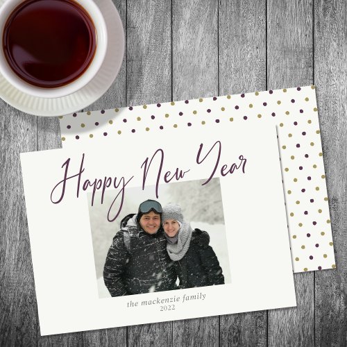 Happy New Year Simple Photo Burgundy  Holiday Card