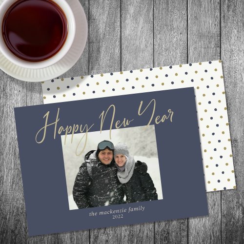 Happy New Year Simple Photo Sage Navy Blue Holiday Card