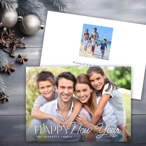 Happy New Year Simple Script 2 Photos Holiday Card
