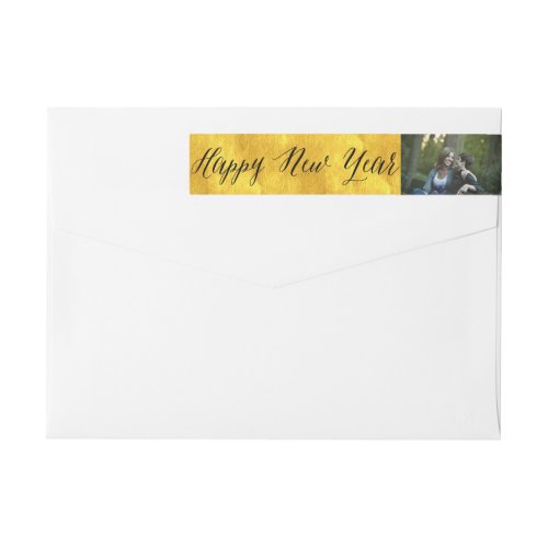Happy New Year Simple Script Golden Photo Address Wrap Around Label