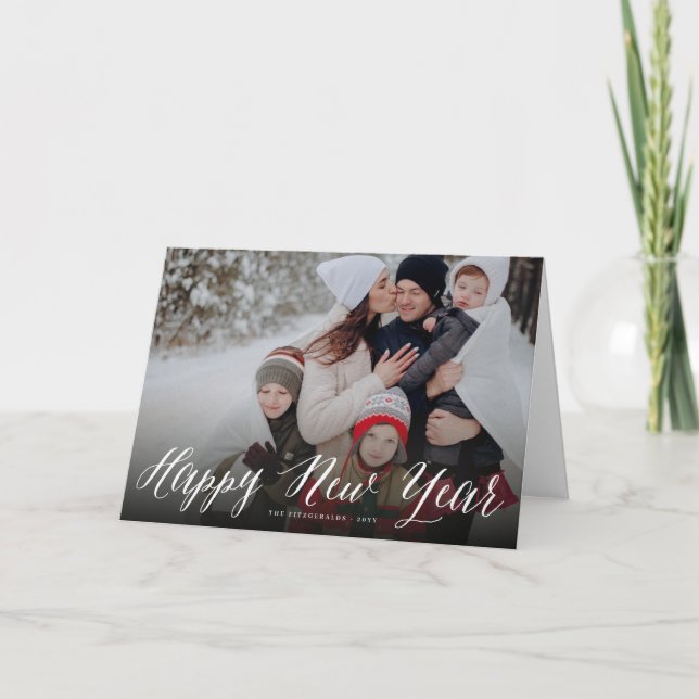 Happy New Year Simple Script Modern Minimal Photo Holiday Card (Front)