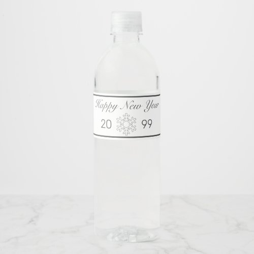 Happy New Year Snow Flake Modern Minimalist White Water Bottle Label