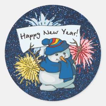 Happy New Year Snowman Classic Round Sticker by ChristmasTimeByDarla at Zazzle