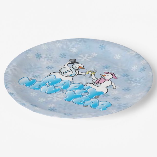 Happy New Year Snowman Paper Plates (Angled)