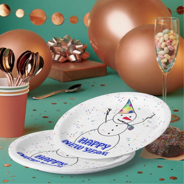 Happy New Year Snowman Paper Plates (Multi)