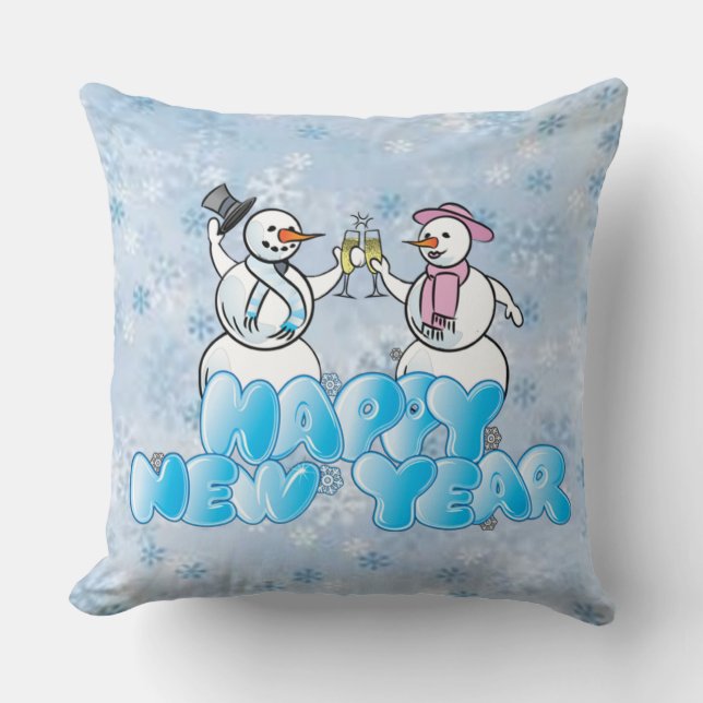 Happy New Year Snowman Throw Pillow (Front)