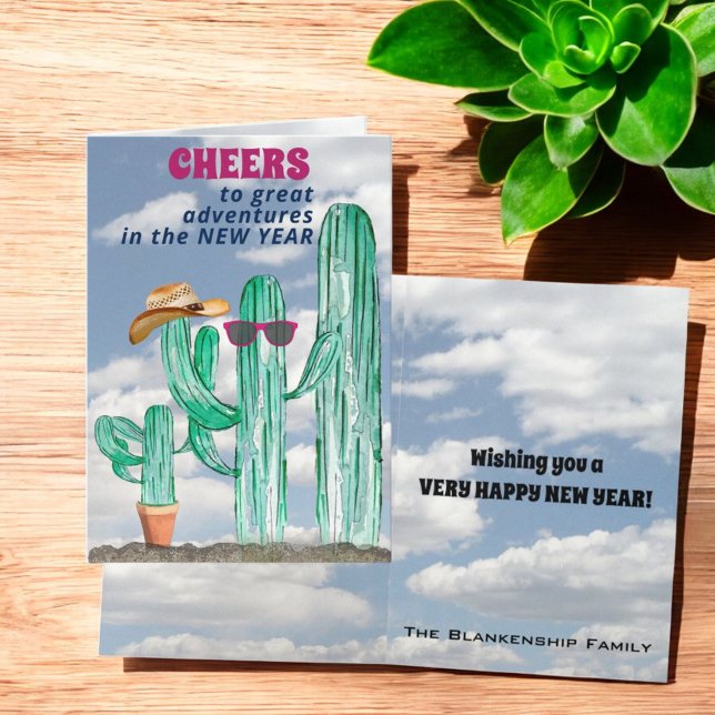 Happy New Year Southwest Saguaro Cactus Holiday Card (new year's greeting card cactus cover and inside text)