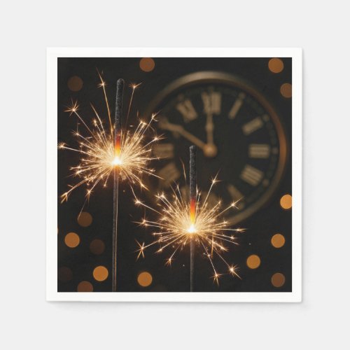 Happy New Year Sparklers On a Midnight Clock Napkins