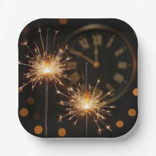 Happy New Year Sparklers On a Midnight Clock Paper Plates