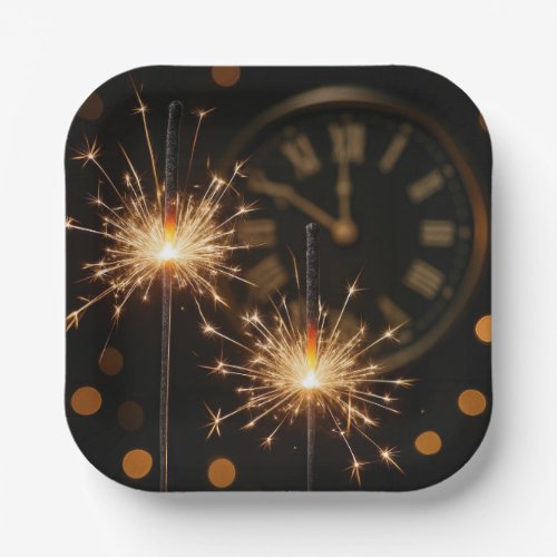 Happy New Year Sparklers On a Midnight Clock Paper Plates