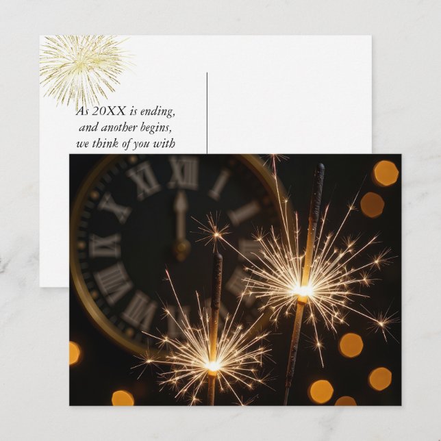 Happy New Year Sparklers On a Midnight Clock Postcard (Front/Back)