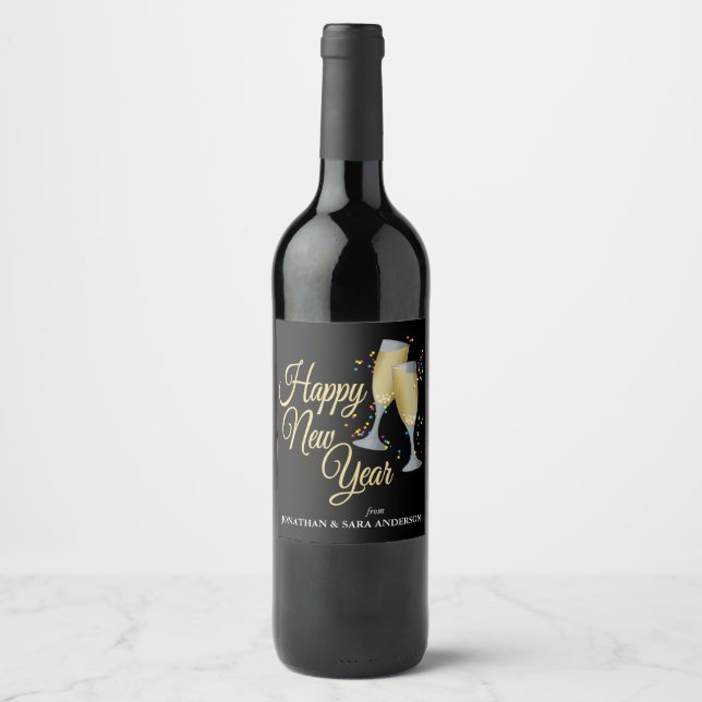 Happy New Year Sparkling Wine & Confetti Personali Wine Label (Front)